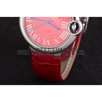 Cartier Ballon Bleu Silver Bezel with Red Dial and Red Leather Band   621556