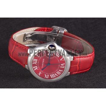 Cartier Ballon Bleu Silver Bezel with Red Dial and Red Leather Band   621556