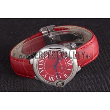 Cartier Ballon Bleu Silver Bezel with Red Dial and Red Leather Band   621556