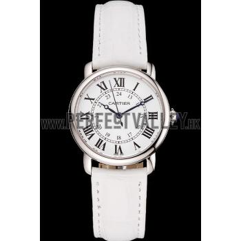 Cartier Ronde White Dial Stainless Steel Case White Leather Strap