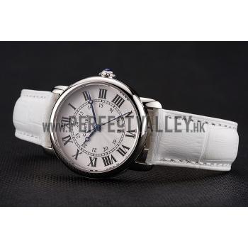 Cartier Ronde White Dial Stainless Steel Case White Leather Strap