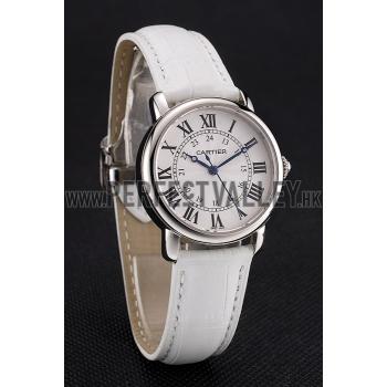 Cartier Ronde White Dial Stainless Steel Case White Leather Strap