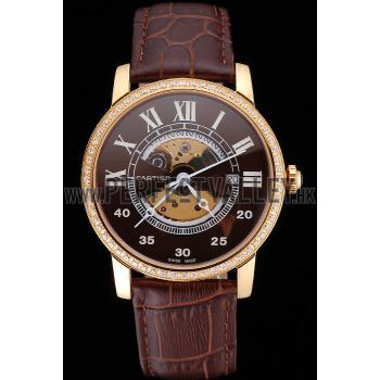 Swiss Cartier Rotonde Small Complication Brown Dial Gold Diamond Case Brown Leather Strap Replica