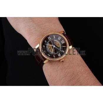 Swiss Cartier Rotonde Small Complication Brown Dial Gold Diamond Case Brown Leather Strap Replica