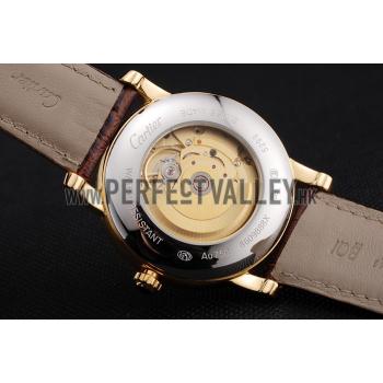 Swiss Cartier Rotonde Small Complication Brown Dial Gold Diamond Case Brown Leather Strap Replica