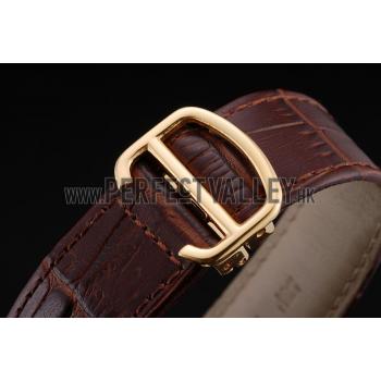 Swiss Cartier Rotonde Small Complication Brown Dial Gold Diamond Case Brown Leather Strap Replica