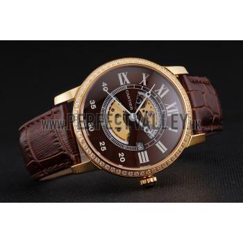 Swiss Cartier Rotonde Small Complication Brown Dial Gold Diamond Case Brown Leather Strap Replica