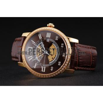 Swiss Cartier Rotonde Small Complication Brown Dial Gold Diamond Case Brown Leather Strap Replica