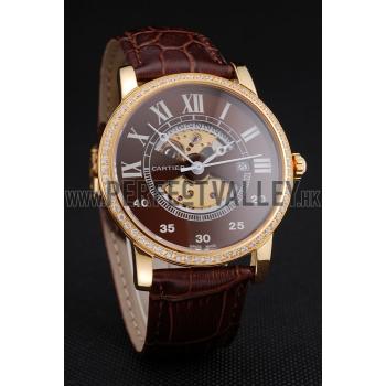 Swiss Cartier Rotonde Small Complication Brown Dial Gold Diamond Case Brown Leather Strap Replica