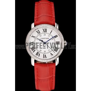 Replica Cartier Ronde White Dial Diamond Bezel Stainless Steel Case Red Leather Strap