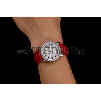 Replica Cartier Ronde White Dial Diamond Bezel Stainless Steel Case Red Leather Strap