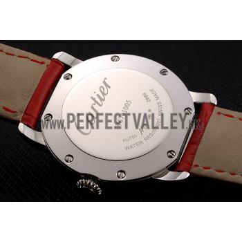 Replica Cartier Ronde White Dial Diamond Bezel Stainless Steel Case Red Leather Strap