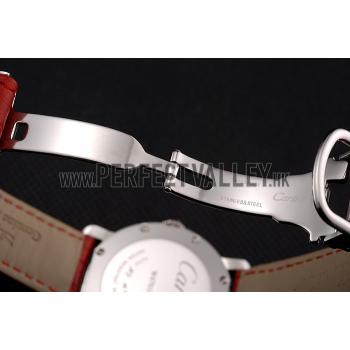 Replica Cartier Ronde White Dial Diamond Bezel Stainless Steel Case Red Leather Strap