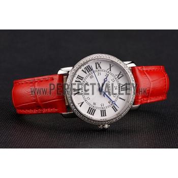 Replica Cartier Ronde White Dial Diamond Bezel Stainless Steel Case Red Leather Strap