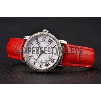 Replica Cartier Ronde White Dial Diamond Bezel Stainless Steel Case Red Leather Strap