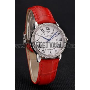 Replica Cartier Ronde White Dial Diamond Bezel Stainless Steel Case Red Leather Strap