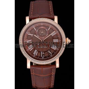 Cartier Rotonde Brown Dial Gold Case With Jewels Brown Leather Strap  622759 Replica