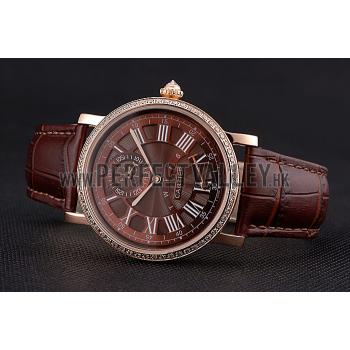 Cartier Rotonde Brown Dial Gold Case With Jewels Brown Leather Strap  622759 Replica