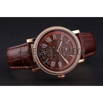 Cartier Rotonde Brown Dial Gold Case With Jewels Brown Leather Strap  622759 Replica