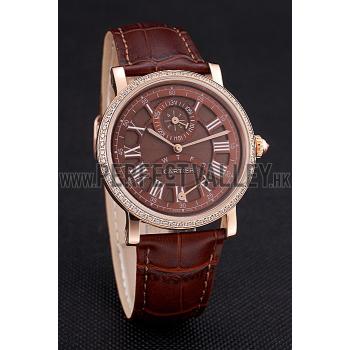 Cartier Rotonde Brown Dial Gold Case With Jewels Brown Leather Strap  622759 Replica