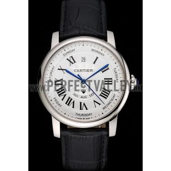 Swiss Cartier Rotonde Annual Calendar White Dial Stainless Steel Case Black Leather Strap