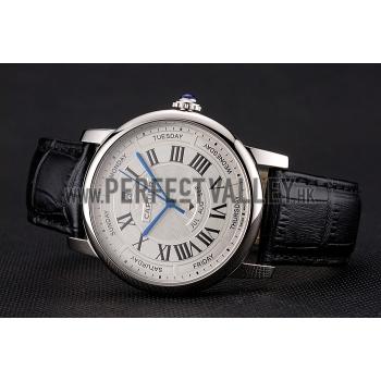 Swiss Cartier Rotonde Annual Calendar White Dial Stainless Steel Case Black Leather Strap