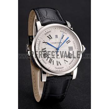 Swiss Cartier Rotonde Annual Calendar White Dial Stainless Steel Case Black Leather Strap