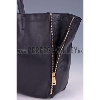 Replica Celine Cabas Gusset Large Black Leather Shoulder Bag