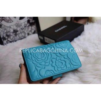 Chanel Calfskin Purse Wallet Cyan Camellia Pattern Blue