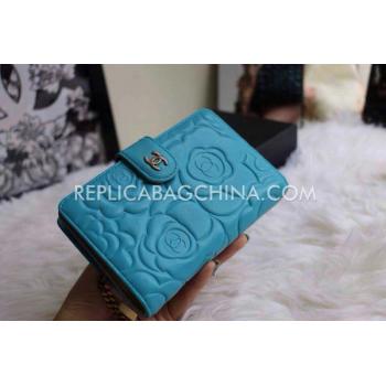 Chanel Calfskin Purse Wallet Cyan Camellia Pattern Blue