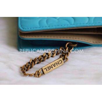 Chanel Calfskin Purse Wallet Cyan Camellia Pattern Blue