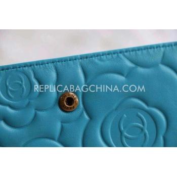 Chanel Calfskin Purse Wallet Cyan Camellia Pattern Blue