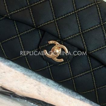 Chanel Embroidery Black Handbag Genuine Leather