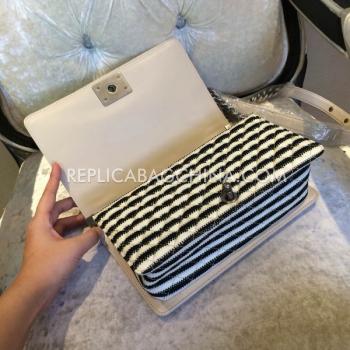 Cheap Chanel Le Boy Handbag Lambskin Stripe White