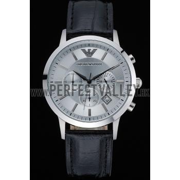 Emporio Armani  Chronograph Silver Dial Black Leather Bracelet  622339