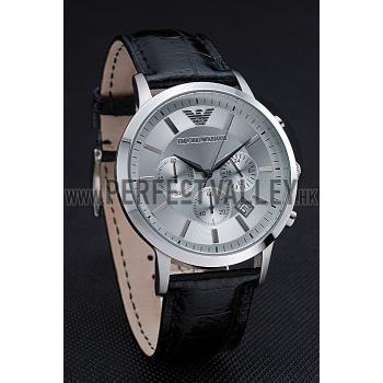 Emporio Armani  Chronograph Silver Dial Black Leather Bracelet  622339