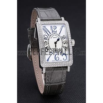 Franck Muller Long Island  White Dial Diamonds Case Black Leather Band  622371