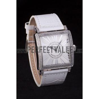 Franck Muller Master Square Diamond Encrusted Stainless Steel Bezel White Croco Bracelet 80284