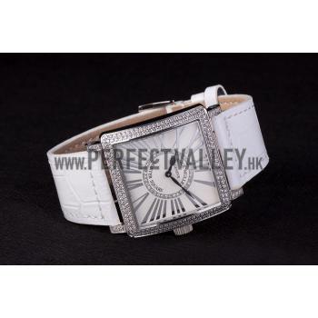 Franck Muller Master Square Diamond Encrusted Stainless Steel Bezel White Croco Bracelet 80284