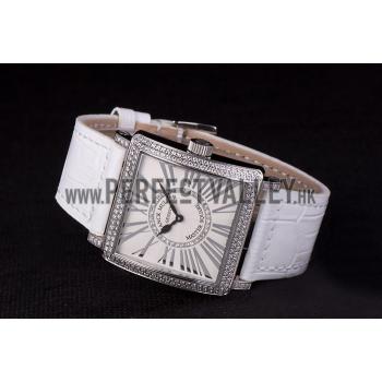 Franck Muller Master Square Diamond Encrusted Stainless Steel Bezel White Croco Bracelet 80284