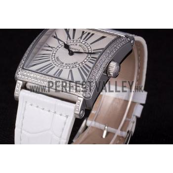 Franck Muller Master Square Diamond Encrusted Stainless Steel Bezel White Croco Bracelet 80284