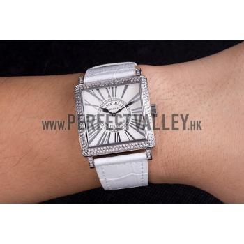 Franck Muller Master Square Diamond Encrusted Stainless Steel Bezel White Croco Bracelet 80284