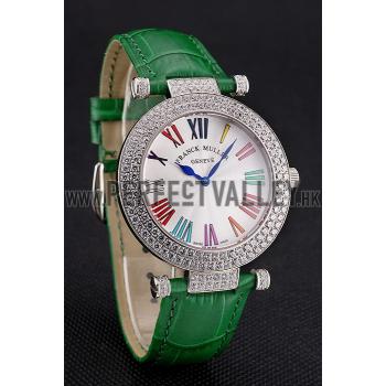 Franck Muller Double Mistery Ronde White Dial Stainless Steel Case Green Leather Strap