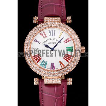 Franck Muller Double Mistery Ronde White Dial Rose Gold Case Plum Leather Strap