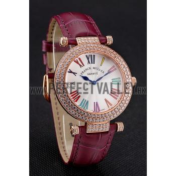 Franck Muller Double Mistery Ronde White Dial Rose Gold Case Plum Leather Strap