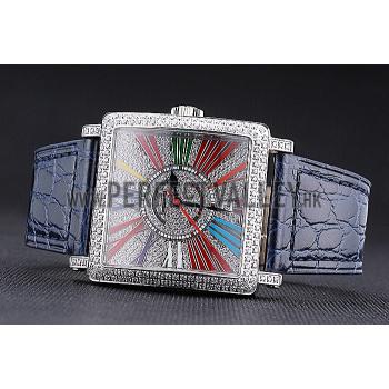 Cheap Franck Muller Master Square Color Dreams Diamonds Dial Diamonds Case Blue Leather Strap  622359