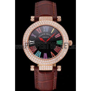 Franck Muller Double Mistery Ronde Black Dial Rose Gold Case Brown Leather Strap