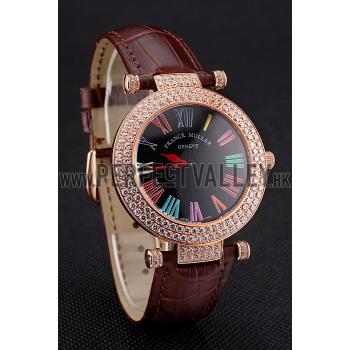 Franck Muller Double Mistery Ronde Black Dial Rose Gold Case Brown Leather Strap