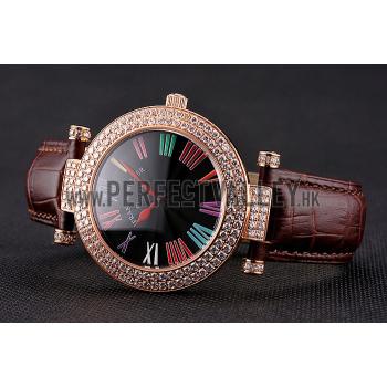 Franck Muller Double Mistery Ronde Black Dial Rose Gold Case Brown Leather Strap