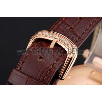 Franck Muller Double Mistery Ronde Black Dial Rose Gold Case Brown Leather Strap